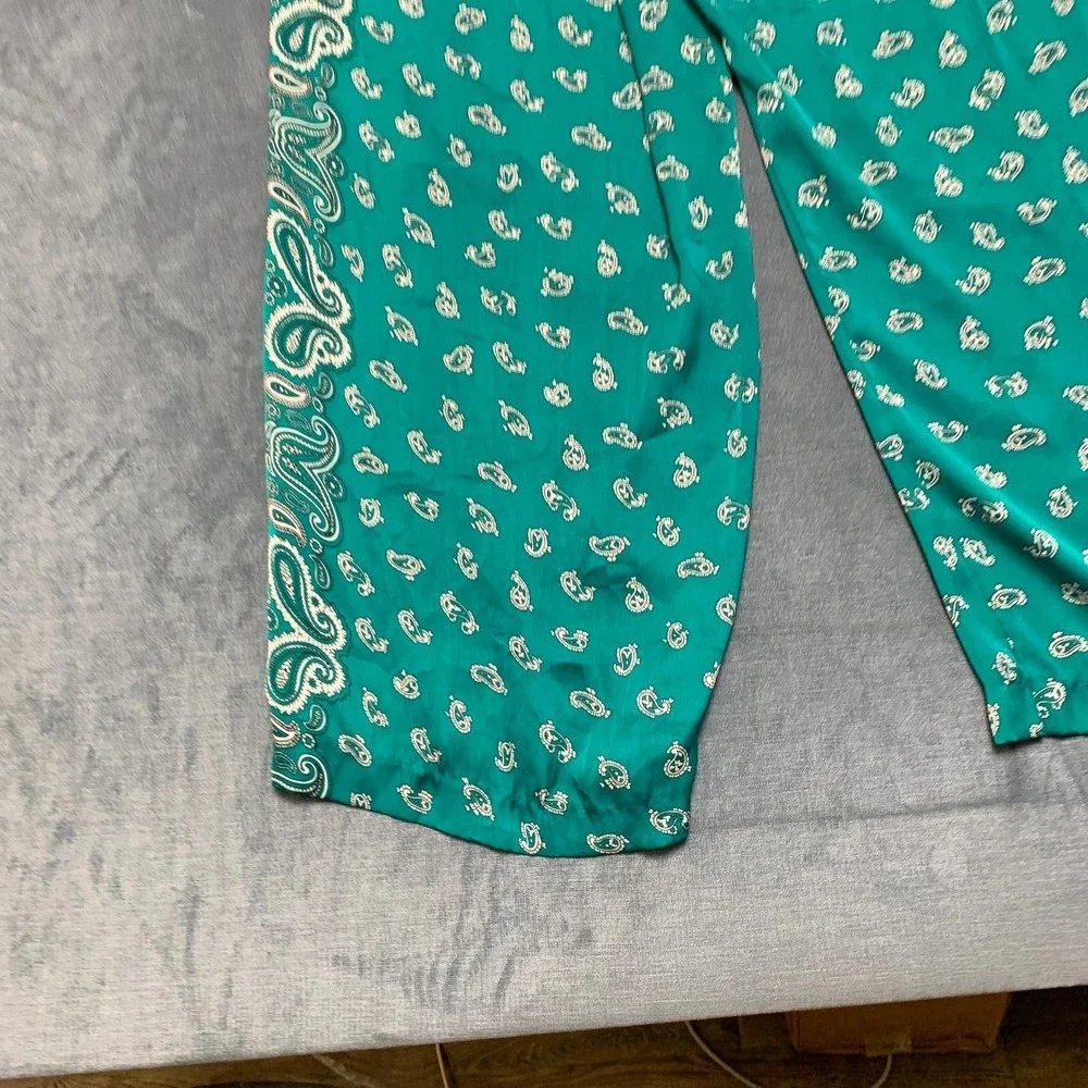 Michael Kors Wide Leg Pants Womens 14 Teal Paisley Drawstring Elastic Waist
